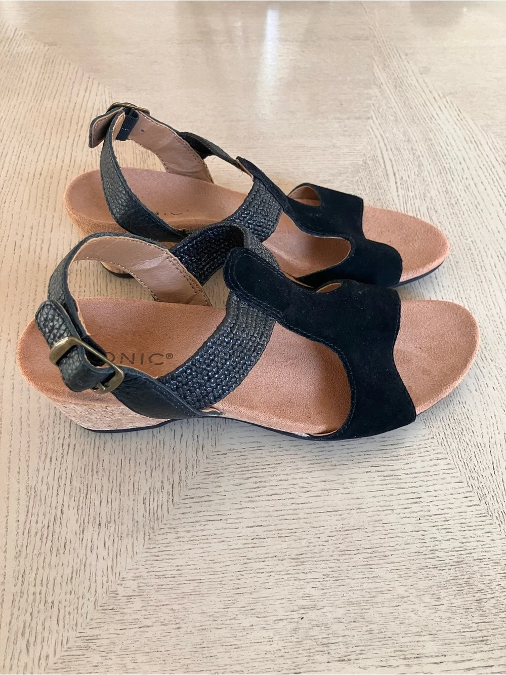 Vionic Kaytie Black Suede Cork Wedge Slingback Sandal